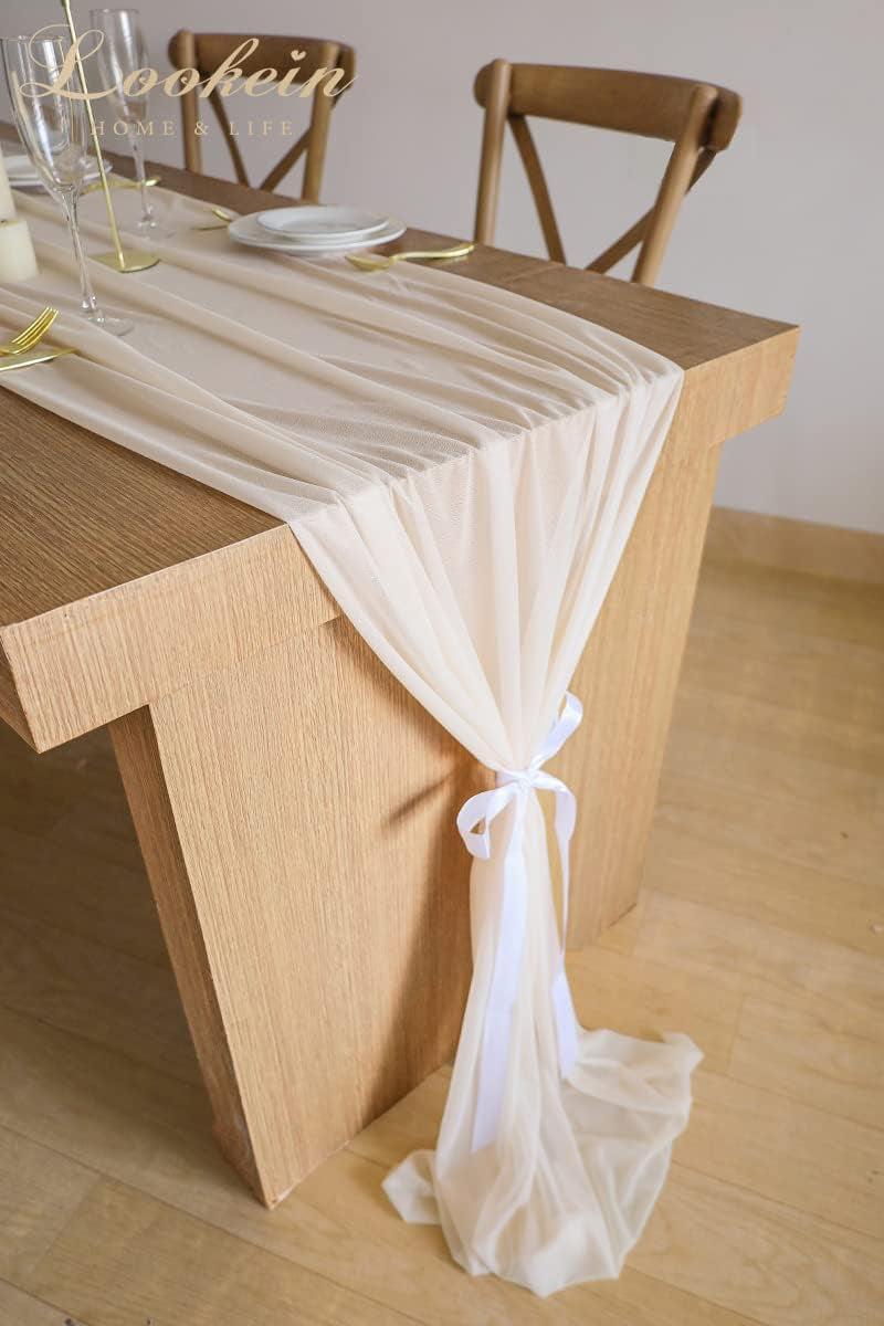 Lookein 10 Feet Champagne Chiffon Table Runner Sheer Wedding Table Cloth 29X120 Inches Rustic Wedding Decorations French Chiffon Table Runner