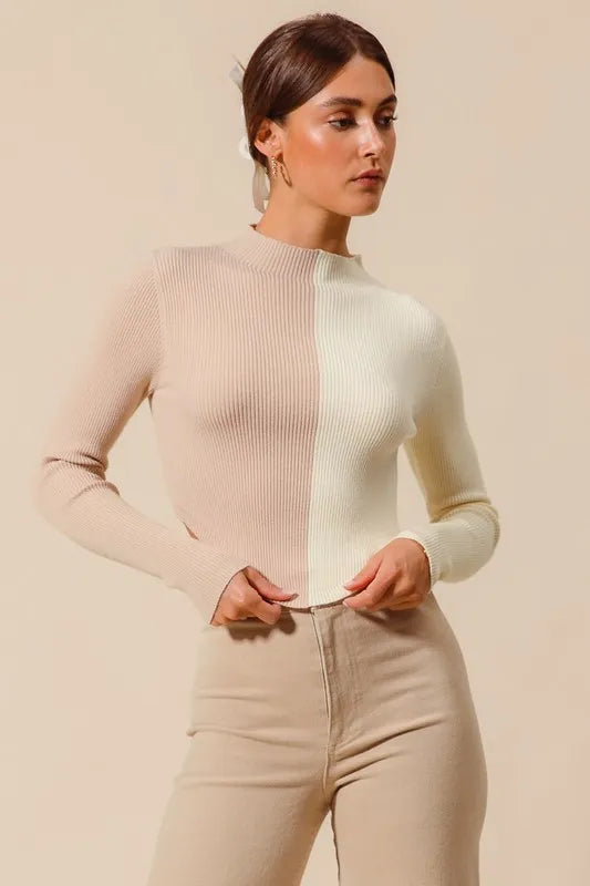Taupe Color Block Fitted Crop Sweater