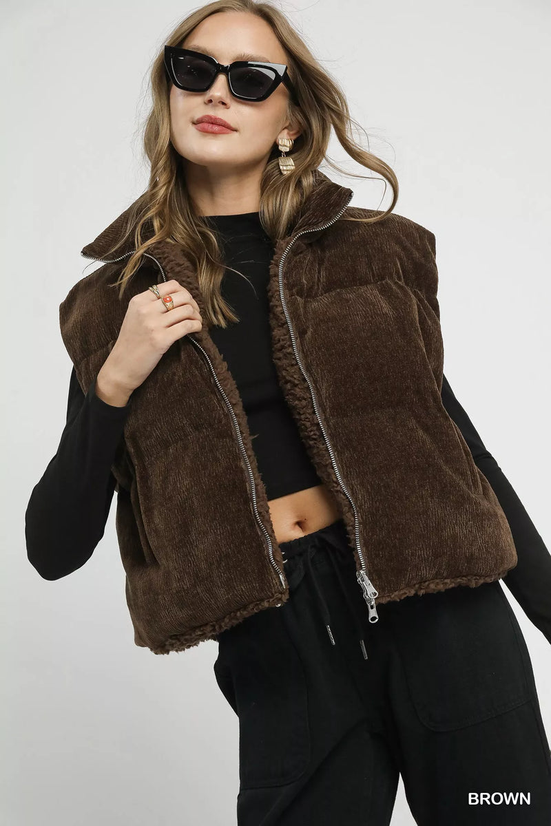 Sherpa-Lined Zip Vest with Drawstring Hem