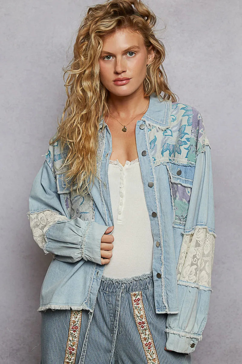 Shop POL Printed Woven Mix Raw Hem Jacket with Lace Detail-available at Reef Love online boho-chic boutique