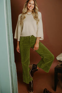 Corduroy High Waist Wide Leg Pants, Olive Green-JUNIPER BLVD-Reef Love