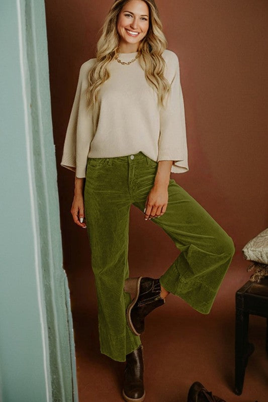 Corduroy High Waist Wide Leg Pants, Olive Green-JUNIPER BLVD-Reef Love