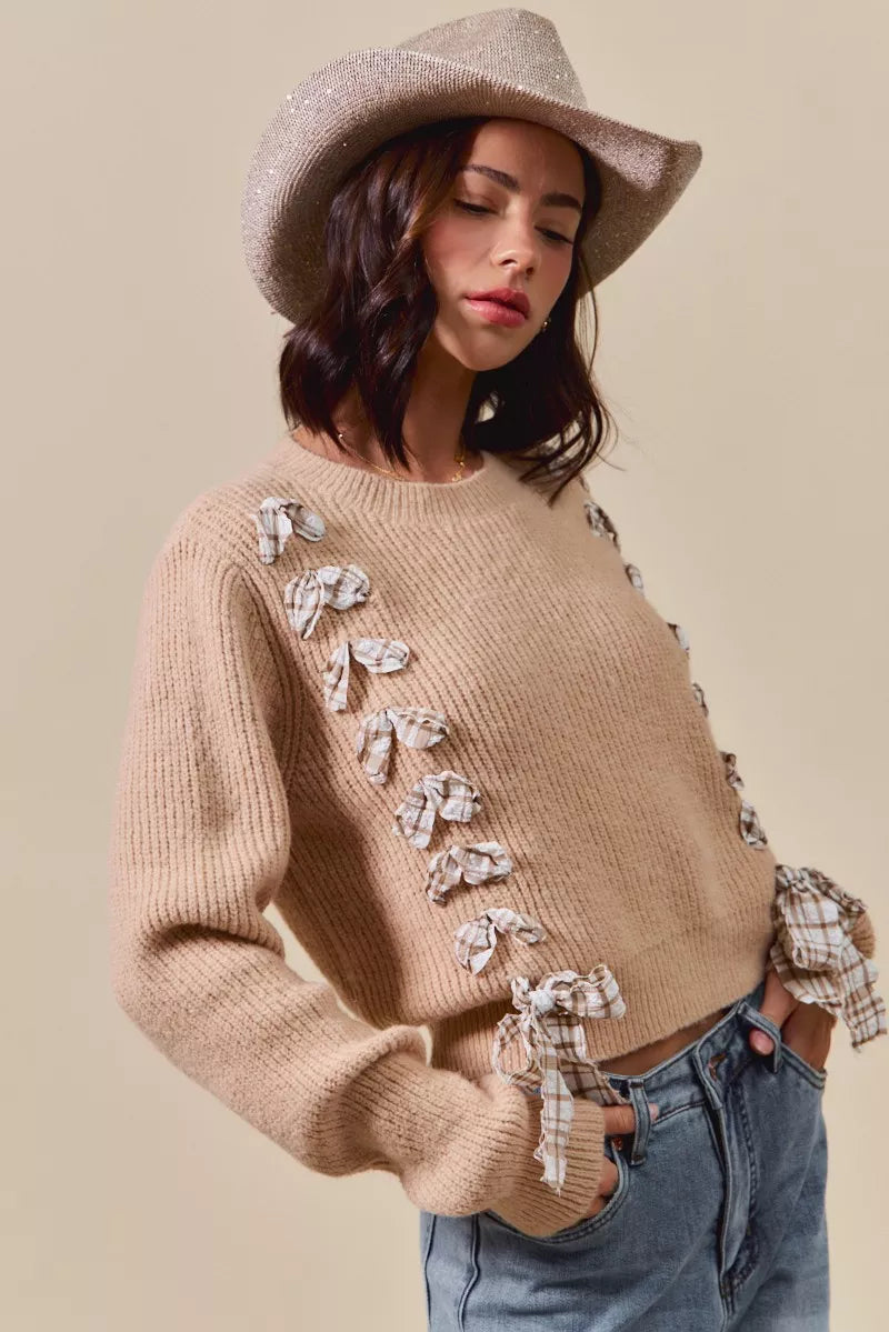 Checkered Plaid Tape Lace Up Sweater, Beige