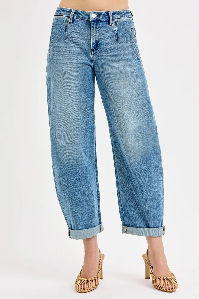 Shop Mid Rise Barrel Cuffed Jeans-Upgrade your denim with Barrel Cuffed Cropped Jeans. Designed for modern style with a relaxed barrel leg, rolled cuffs, and vintage blue wash. In plus size too.-Reef Love Boho-Chic Boutique