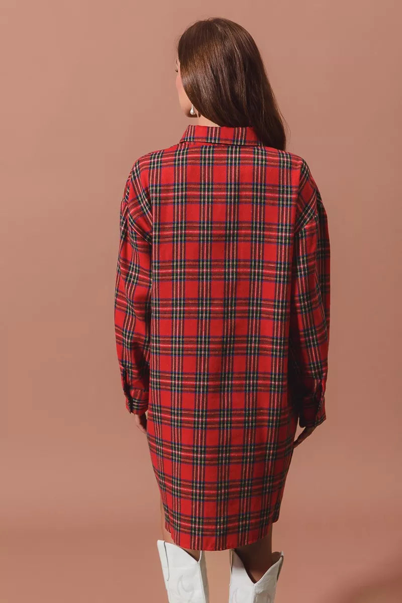 Christmas Checker Plaid Button Up Mini Shirt Dress