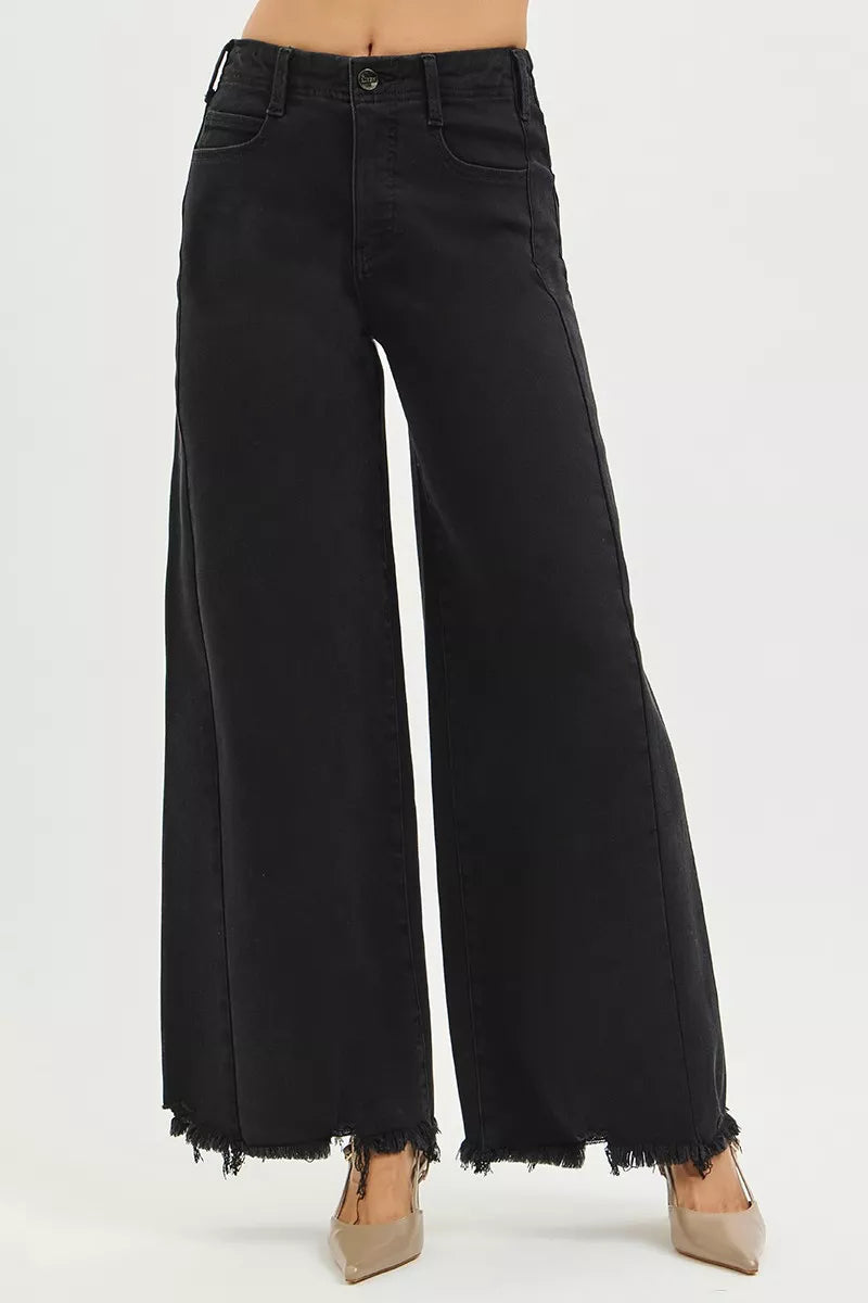RISEN Tummy Control High Rise Palazzo Wide Leg Frayed Hem Jeans, Black-RISEN-Reef Love