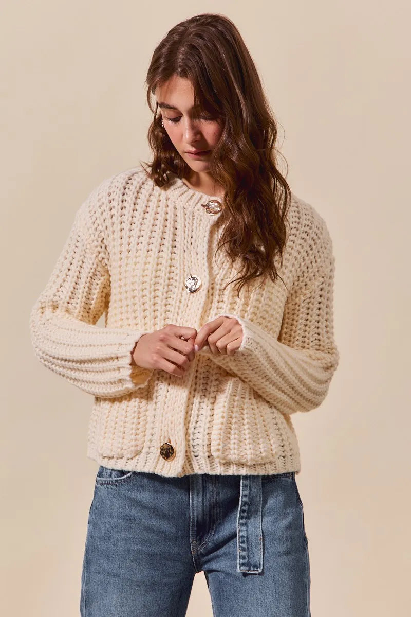 SO ME Metal Button Long Sleeve Chunky Sweater Cardigan-Reef Love Boutique