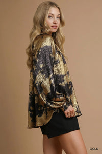 Gold Metallic Blouse with Balloon Sleeves-Gold metallic blouse with balloon sleeves on black base. Oversized, eye-catching fit with a glamorous finish—perfect for parties, date nights, or holidays.-Reef Love Boutique