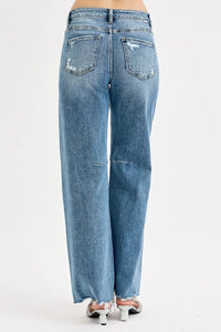 Woman wearing Relaxed Fit Wide Baggy Leg Washed Jeans-Mid-rise relaxed fit, wide baggy leg jeans feature a tie-washed design, slightly distressed for a cool and edgy aesthetic - for creating a casual trendy outfit.