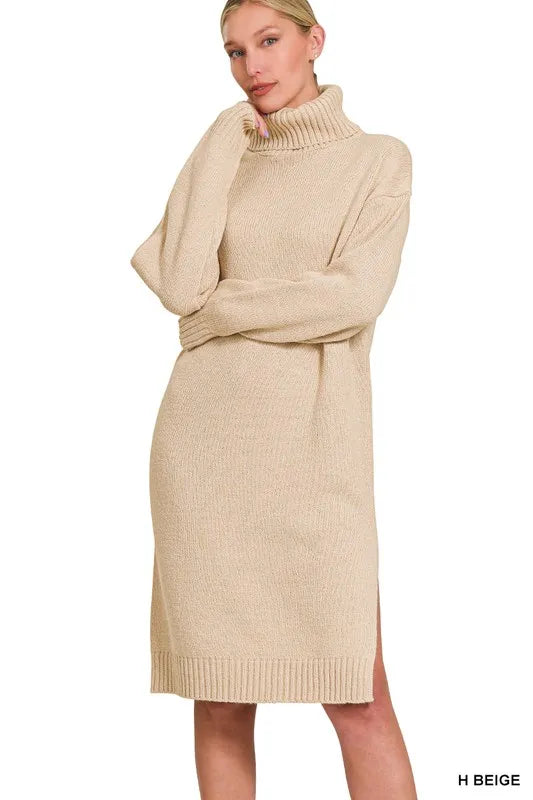 Woman wearing Turtle Neck Long Sleeve Midi Sweater Dress, Beige-Turtle Neck Long Sleeve Midi Sweater Dress in beige, a cozy and chic addition to your fall or winter wardrobe. Perfect for casual and dressier occasions. 