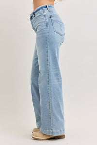 Judy Blue light wash mid-rise retro wide leg jeans with a fold-over waistband and pocket detail.
