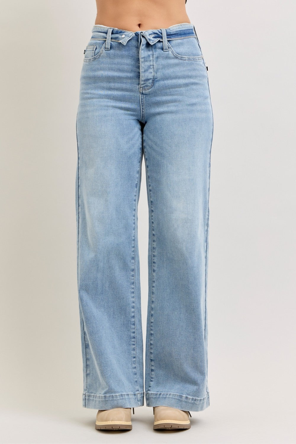 Judy Blue light wash mid-rise retro wide leg jeans with a unique fold-over waistband.