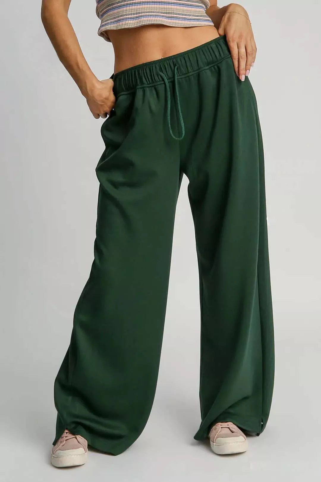 Elastic Drawstring Waistband Wide Leg Sweatpants, Evergreen-Umgee-Reef Love
