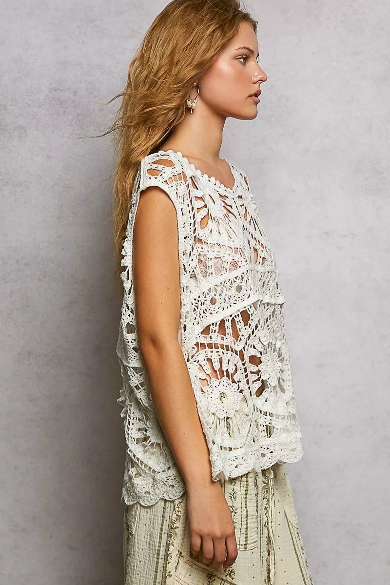 POL Openwork Floral Crochet Tank, Ivory-Tank Top-Reef Love