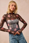 Shop Flower Printed Sheer Mesh Top with Thumb Opening-This stunning sheer mesh blouse features a romantic floral print in soft pink and coral tones against a dark base. Stretchy semi-transparent mesh fabric.-Reef Love Boho-Chic Boutique