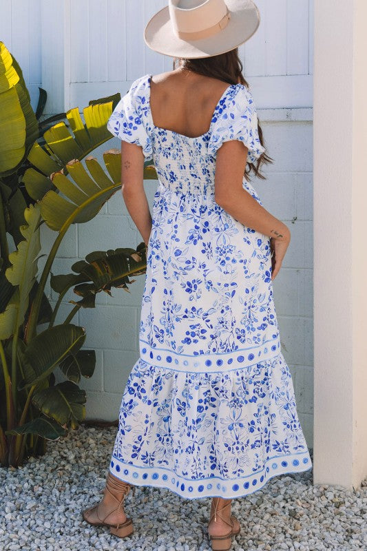 Floral Square Neck Bubble Sleeve Maxi Dress-Maxi Dress-Reef Love