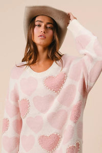 Heart Pattern Sweater with Pearl Detail-BiBi-Reef Love