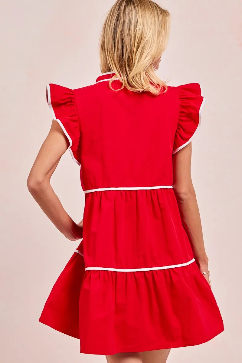 Gameday Ruffle Tier Mini Dress-Get gameday ready in this red tiered dress with contrast binding and ruffled details. A sporty-chic cotton favorite with playful details ready for football. -Reef Love Boutique