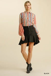 Linen Blend High Low Skirt with Frayed Hem - Black