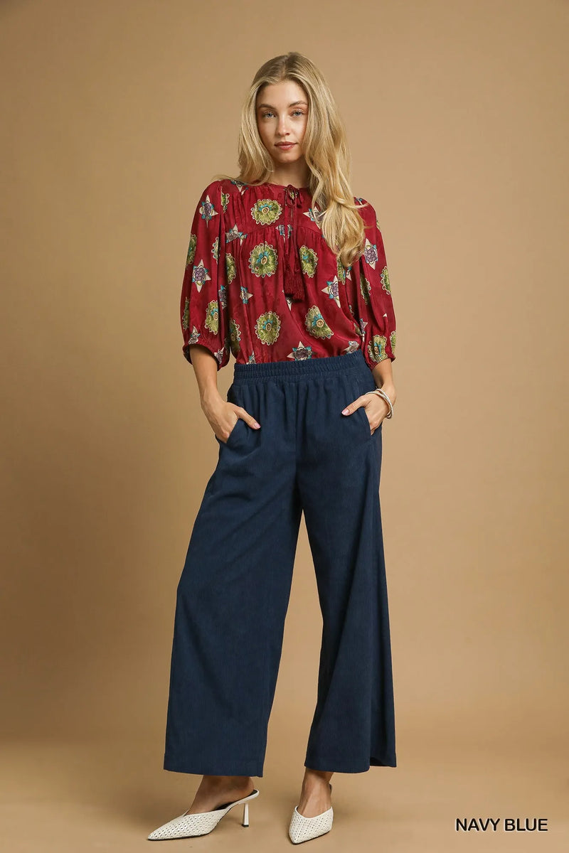 Navy Wide-Leg Corduroy Cropped Pants