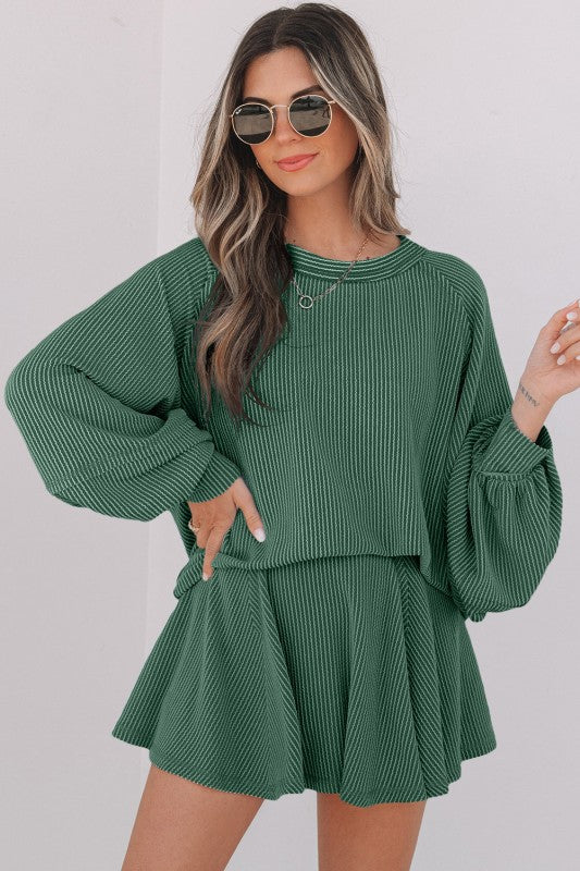 Corded Top and Ruffle Mini Skirt Outfit Set-Reef Love