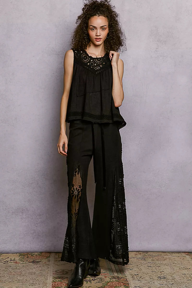 Sleeveless Top with Crochet Contrast, Black-POL-Reef Love