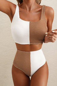 White and Tan Corded Colorblock Square Neck Bikini Swimsuit