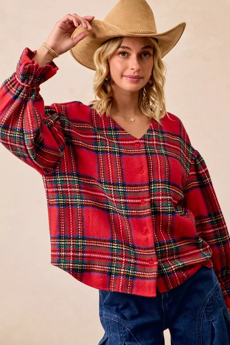 Christmas Plaid V-Neck Flounce Sleeve Jacket
