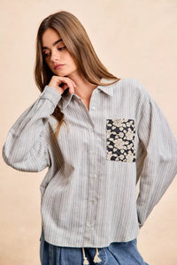 Flower Jacquard Knit Patch Pocket Stripe Shirt-BiBi-Reef Love