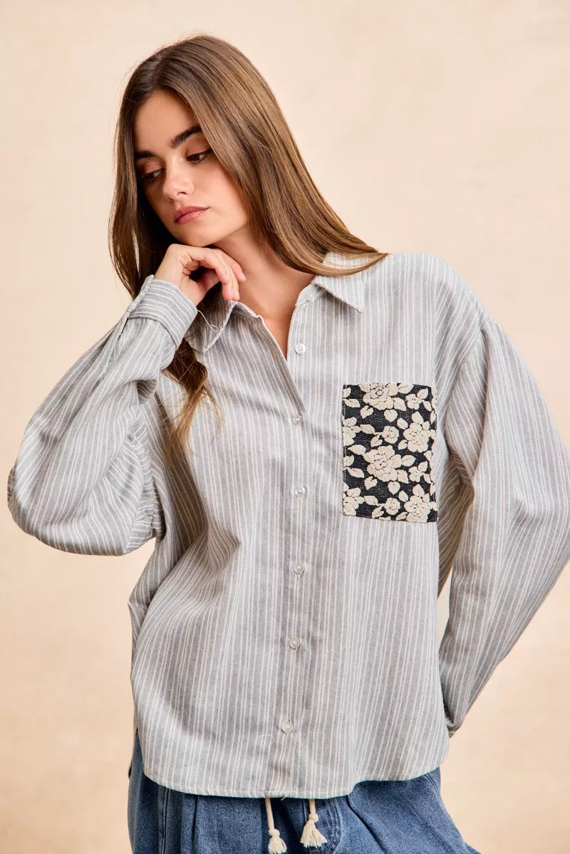 Flower Jacquard Knit Patch Pocket Stripe Shirt-BiBi-Reef Love