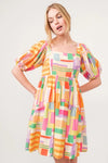 Square Neck Puff Sleeve Geo Printed Mini Dress-The square neck puff sleeve geo printed mini dress is a fashionable and eye-catching choice for a stylish ensemble. The square neckline adds a modern and chic touch-Reef Love Boho-Chic Boutique