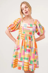 Square Neck Puff Sleeve Geo Printed Mini Dress-The square neck puff sleeve geo printed mini dress is a fashionable and eye-catching choice for a stylish ensemble. The square neckline adds a modern and chic touch-Reef Love Boho-Chic Boutique