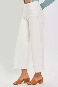 RISEN Tummy Control High Rise Crop Raw Edge Wide Leg Jeans, Winter White-RISEN-Reef Love