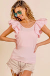 Shop Wide Layered Ruffle Sleeve Scoop Neck Ribbed Top-Stay cute and comfortable in our Pink Ruffle Cap Sleeve T-Shirt. Soft stretch fabric, romantic ruffle sleeves, and a flattering fit make it a must-have essential-Reef Love Boho-Chic Boutique