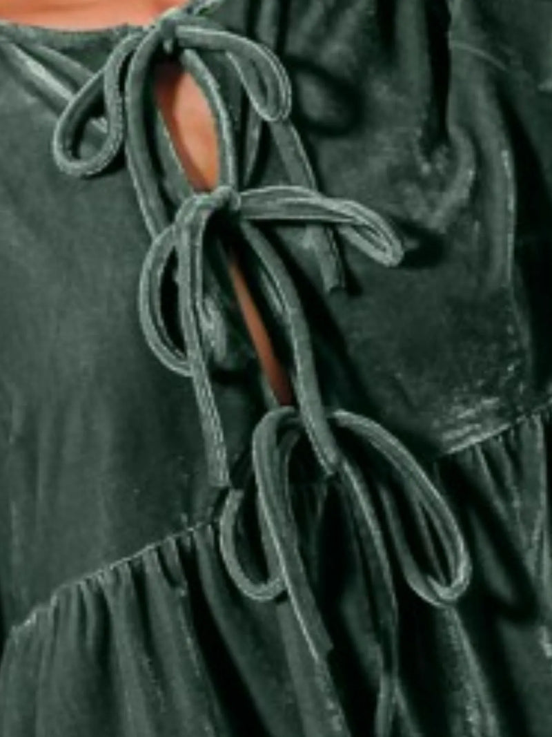Emerald Front Tie Velvet Holiday Blouse