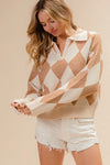 Shop Diamond Pattern Collared Notch Neck Sweater-Chic and cozy, the Diamond Pattern Collared Notch Neck Sweater, classic argyle design, soft knit fabric, timeless polo collar. Effortless everyday elegance.-Reef Love Boho-Chic Boutique