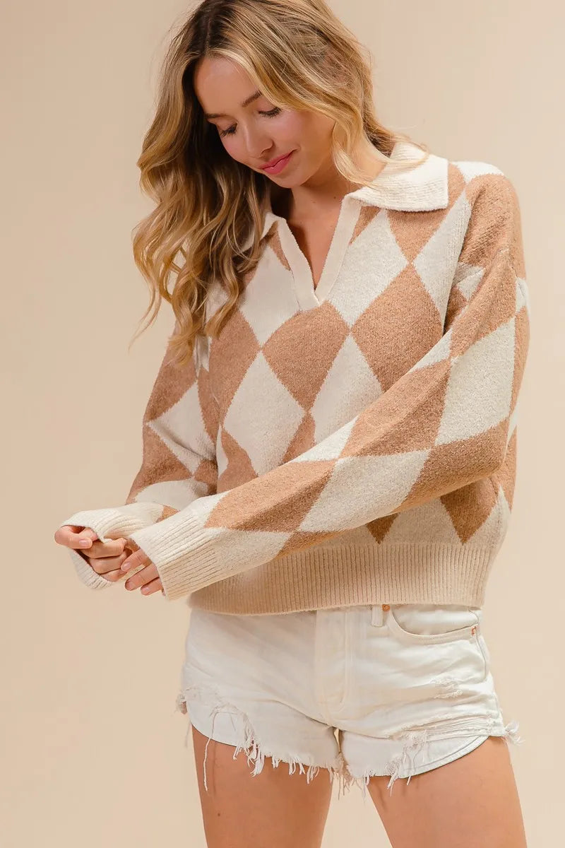 Shop Diamond Pattern Collared Notch Neck Sweater-Chic and cozy, the Diamond Pattern Collared Notch Neck Sweater, classic argyle design, soft knit fabric, timeless polo collar. Effortless everyday elegance.-Reef Love Boho-Chic Boutique