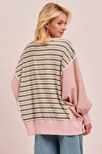 Stripe Mixed Top With Cut Edge And Reverse Outseam