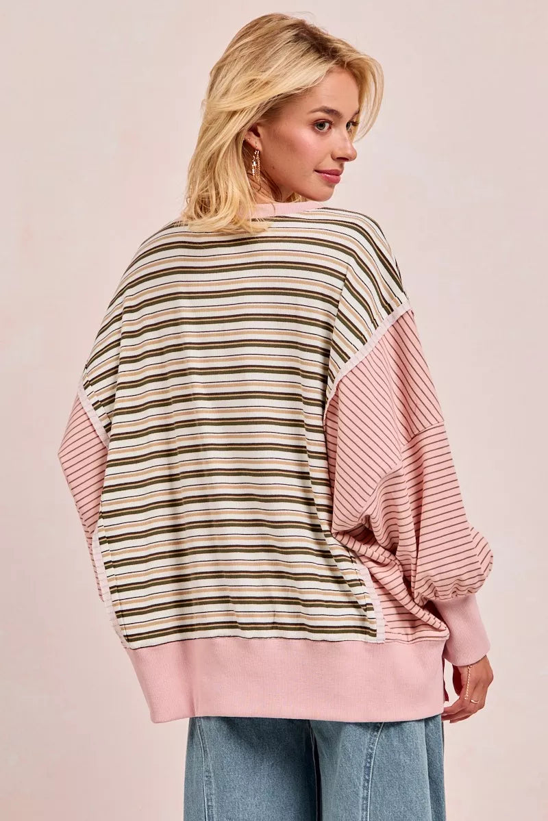 Stripe Mixed Top With Cut Edge And Reverse Outseam