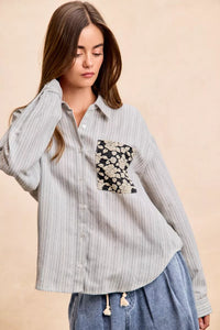 Flower Jacquard Knit Patch Pocket Stripe Shirt-BiBi-Reef Love