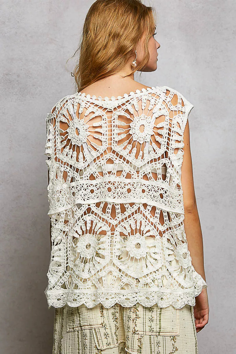 POL Openwork Floral Crochet Tank, Ivory-Tank Top-Reef Love