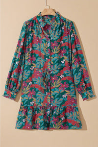 Floral Frilled V-Neck Puff Sleeve Ruffle Shirt Dress-JUNIPER BLVD-Reef Love