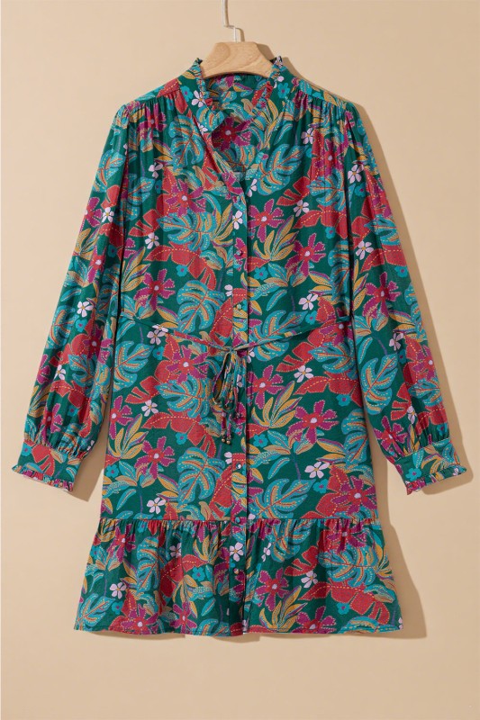 Floral Frilled V-Neck Puff Sleeve Ruffle Shirt Dress-JUNIPER BLVD-Reef Love