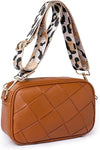 Woven light brown faux leather crossbody women’s bag with removable fabric strap with animal print