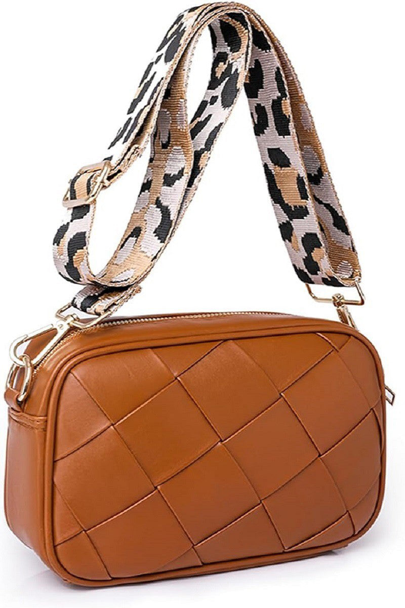 Woven light brown faux leather crossbody women’s bag with removable fabric strap with animal print