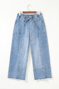 Denim Raw Hem Drawstring Wide Leg Cropped Jeans-JUNIPER BLVD-Reef Love