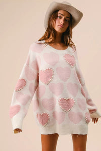Heart Pattern Sweater with Pearl Detail-BiBi-Reef Love