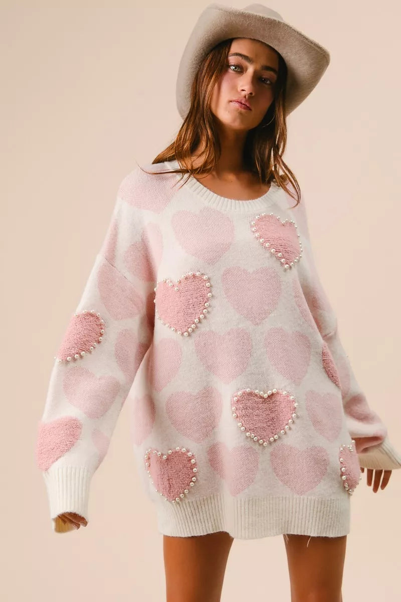 Heart Pattern Sweater with Pearl Detail-BiBi-Reef Love