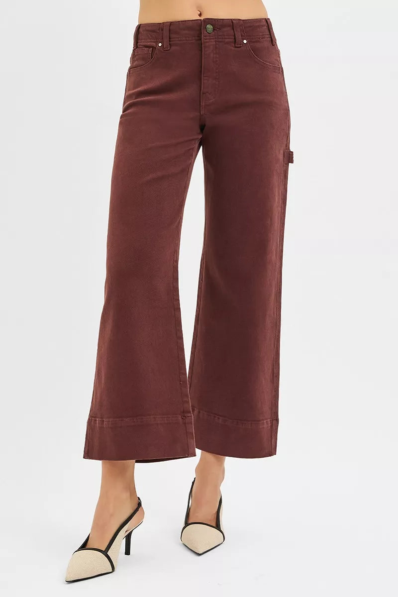 RISEN Tummy Control High Rise Crop Wide Pants, Cocoa Brown-RISEN-Reef Love