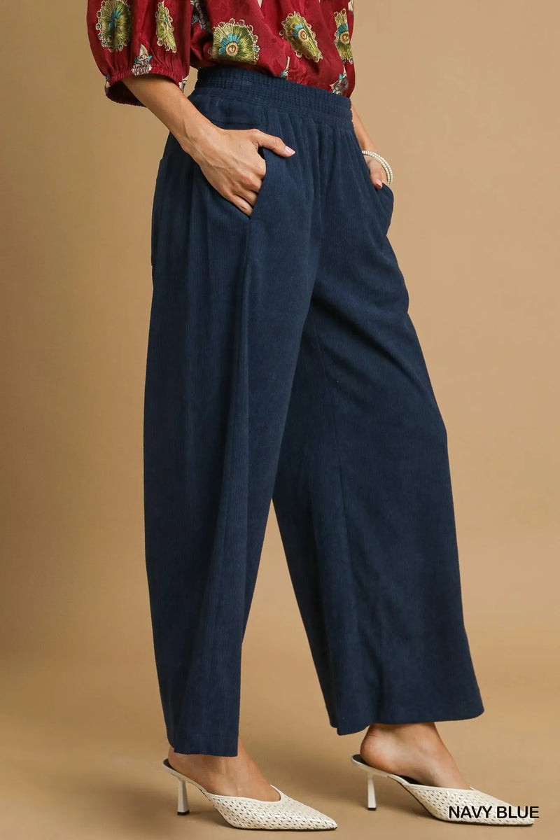 Navy Wide-Leg Corduroy Cropped Pants